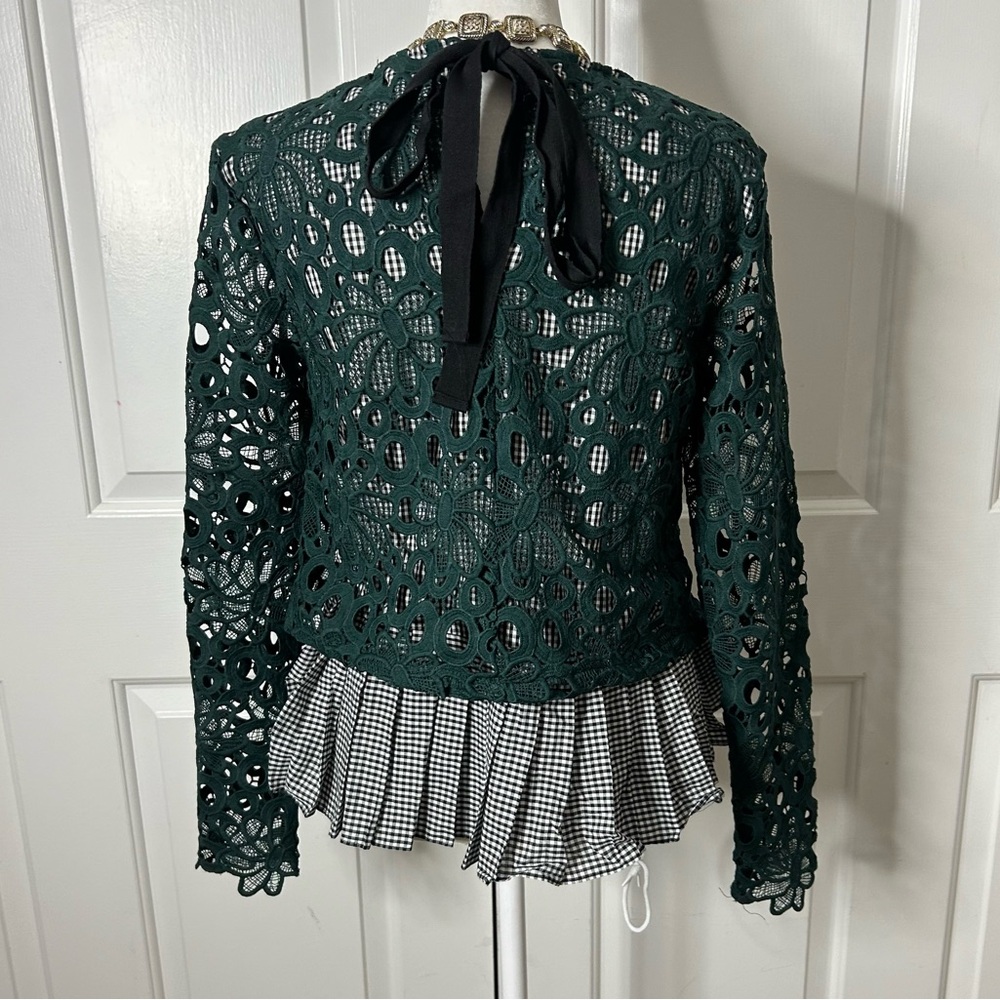 Anthropologie Maeve Green Pleated Lace Top Gabriella Gingham (size small) - Picture 5 of 10
